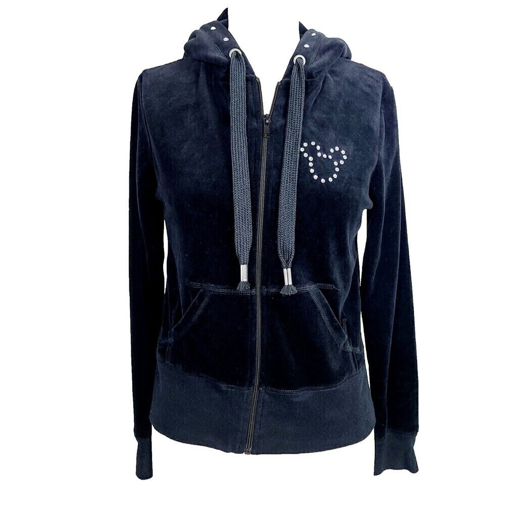 Disney Parks Jacket XS Black Velour Full-Zip Hooded Mickey Mouse Rhinestones - Picture 2 of 6